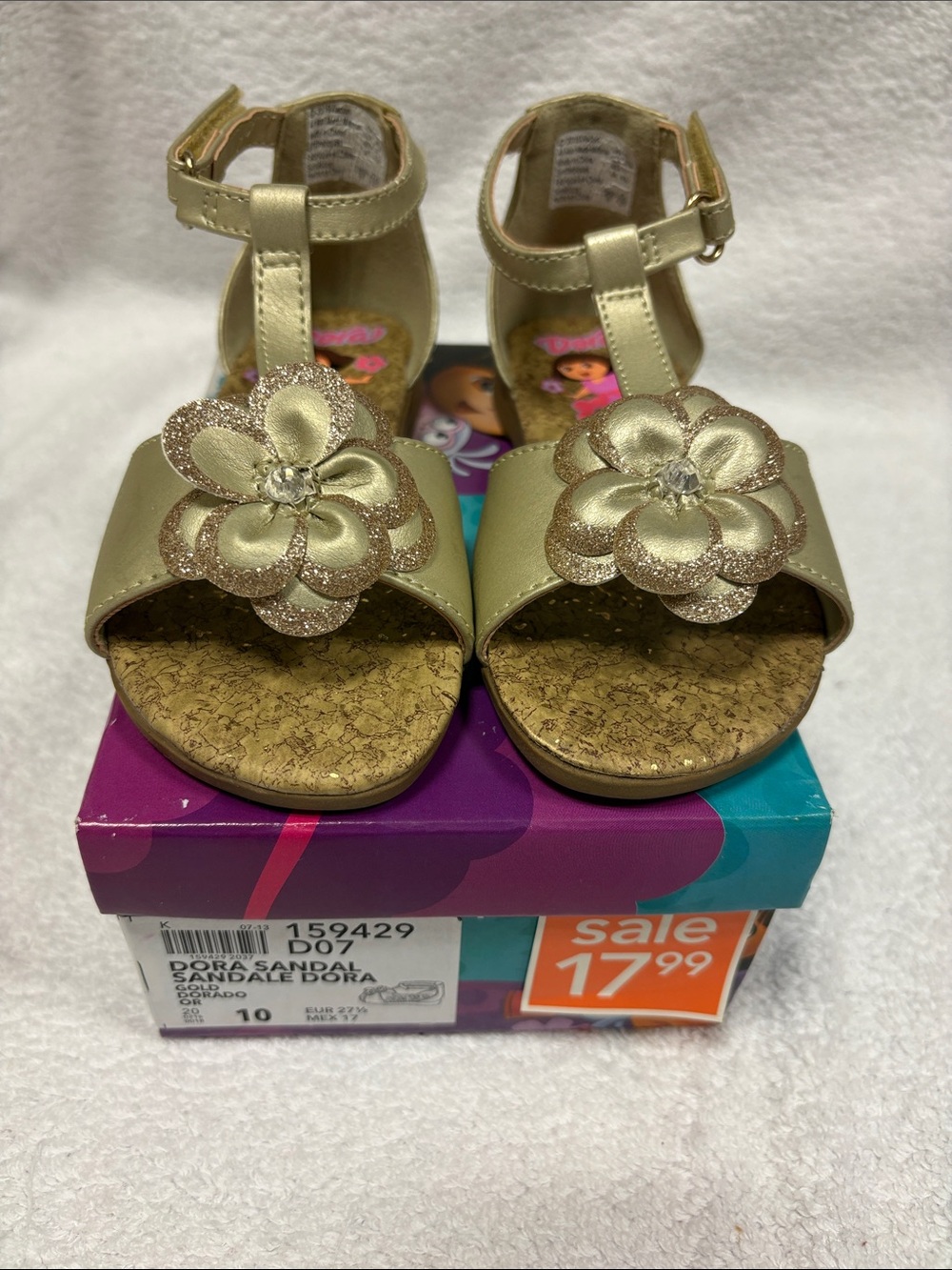 Nickelodeon Dora the explorer Gold Flower T-Strap Sandals for Kids girls 10
